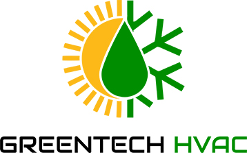 Greentech HVAC logo featuring a sun, water droplet, and snowflake, symbolizing air conditioning and heating services for residential and commercial clients.
